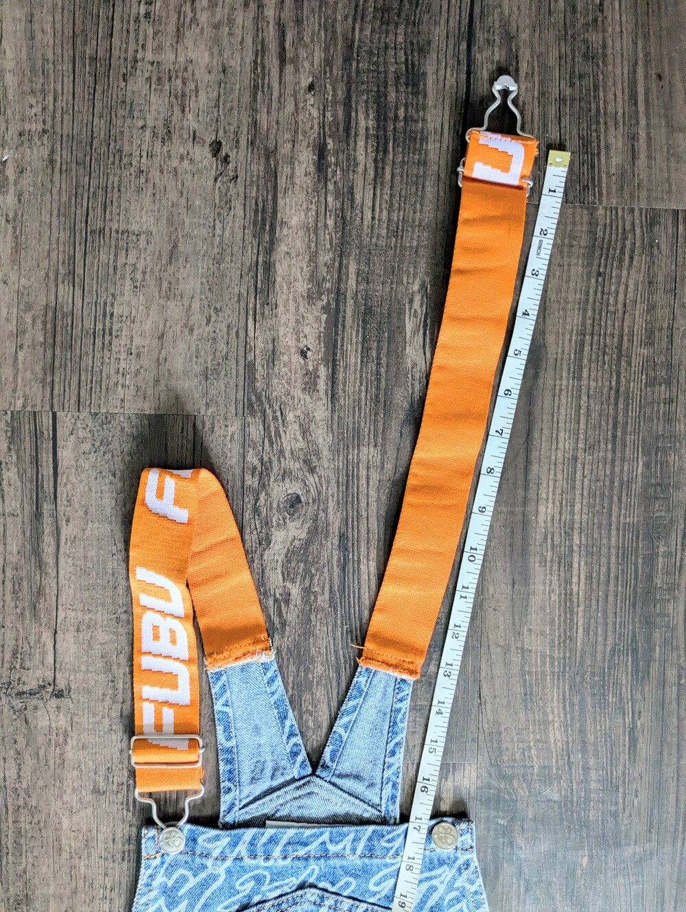 FUBU Logo Print Denim Overalls Blue Orange 2022 F21 Collab - Picture 8 of 14